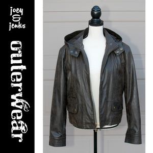 Brown Faux Leather Moto Jacket with Hood X-Large